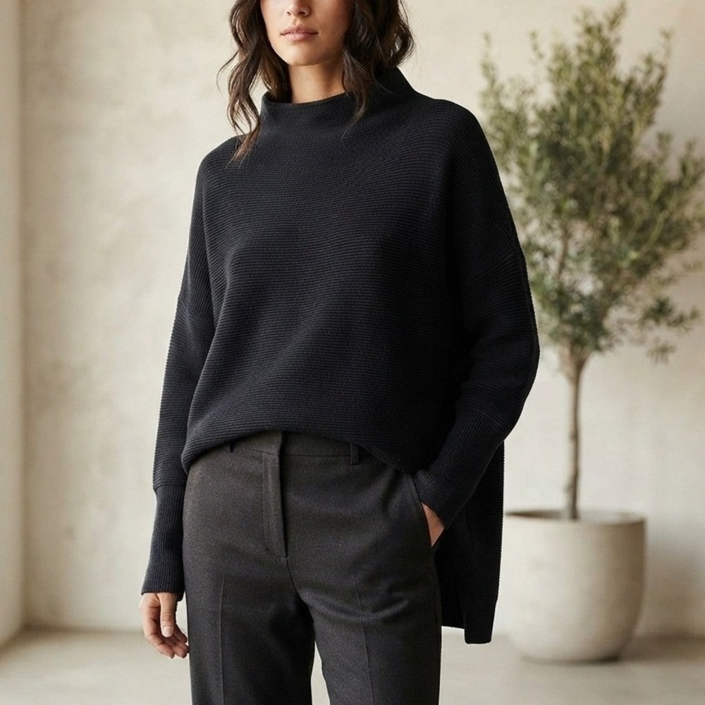 Free People Ottoman Slouchy Tunic Women S Black Mock Neck Ribbed Knit Sweater